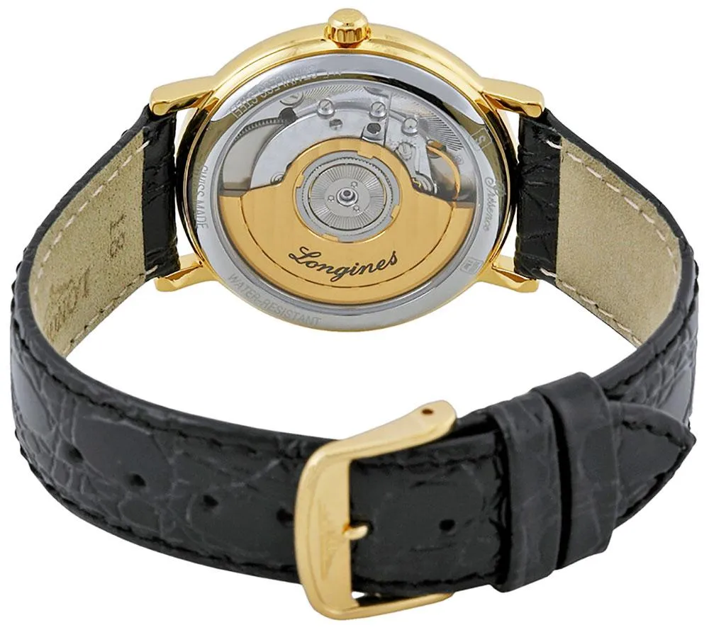 Longines Presence Automatik Gelbgold PVD Weißes Zifferblatt Schwarzes Lederarmband Herrenuhr mit Datumsanzeige L4.821.2.11.2 Longines Uhren