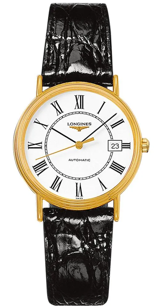 Longines Presence Automatik Gelbgold PVD Weißes Zifferblatt Schwarzes Lederarmband Herrenuhr mit Datumsanzeige L4.821.2.11.2 Longines Uhren