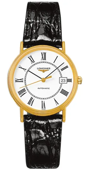 Longines Presence Automatik Gelbgold PVD Weißes Zifferblatt Schwarzes Lederarmband Herrenuhr mit Datumsanzeige L4.821.2.11.2 Longines Uhren