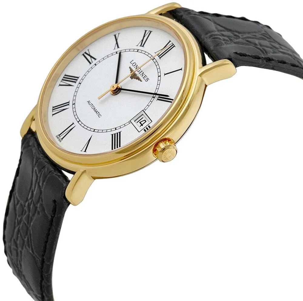 Longines Presence Automatik Gelbgold PVD Weißes Zifferblatt Schwarzes Lederarmband Herrenuhr mit Datumsanzeige L4.821.2.11.2 Longines Uhren