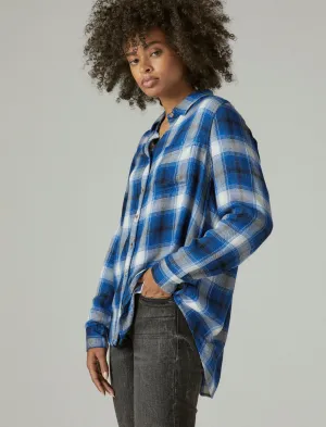 Lucky Brand Cloud Plaid Boyfriend Hemd mit Knopfleiste in Kobalt Karo