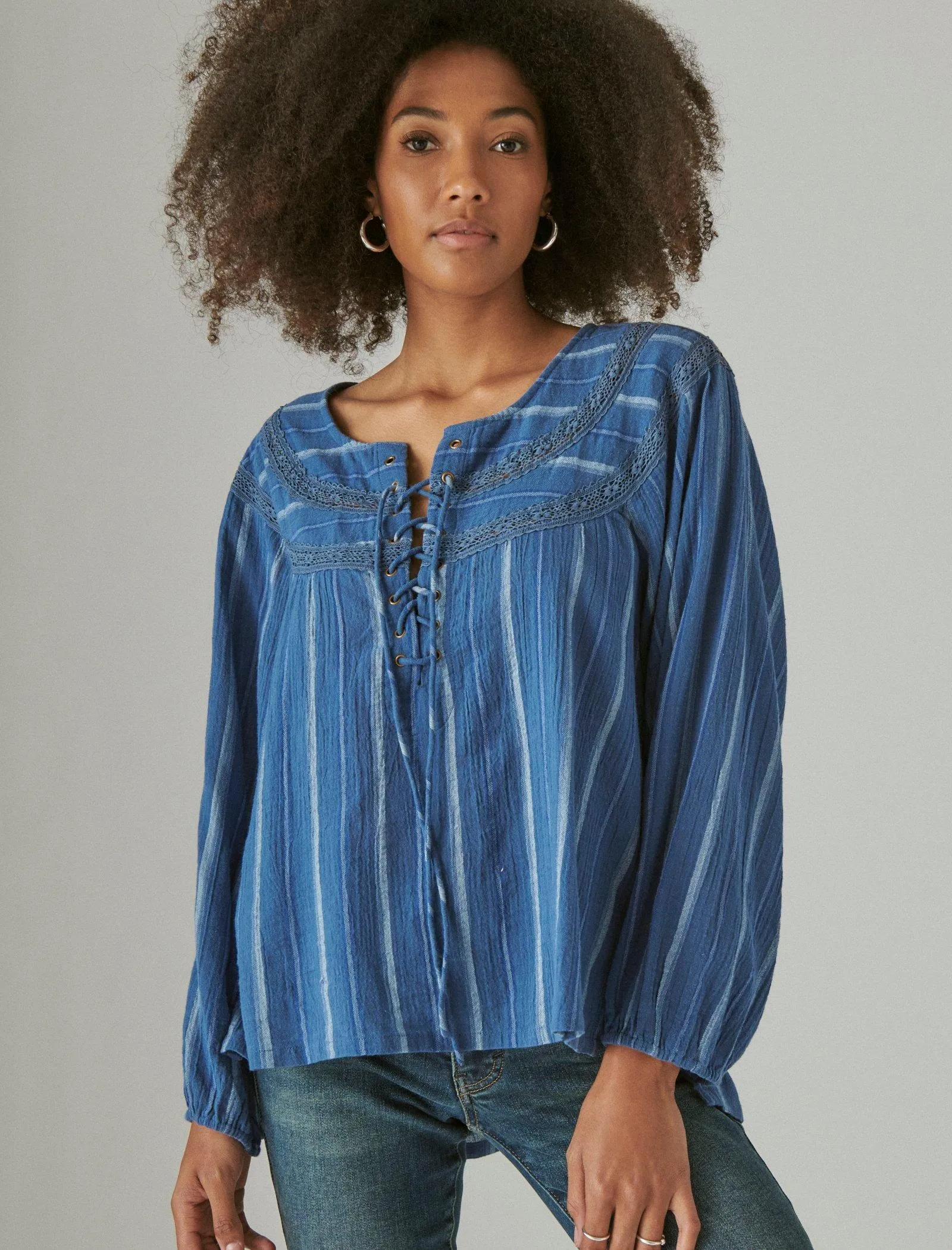 Lucky Brand Schnürstreifen Tunika Blau Gestreift Lucky Brand