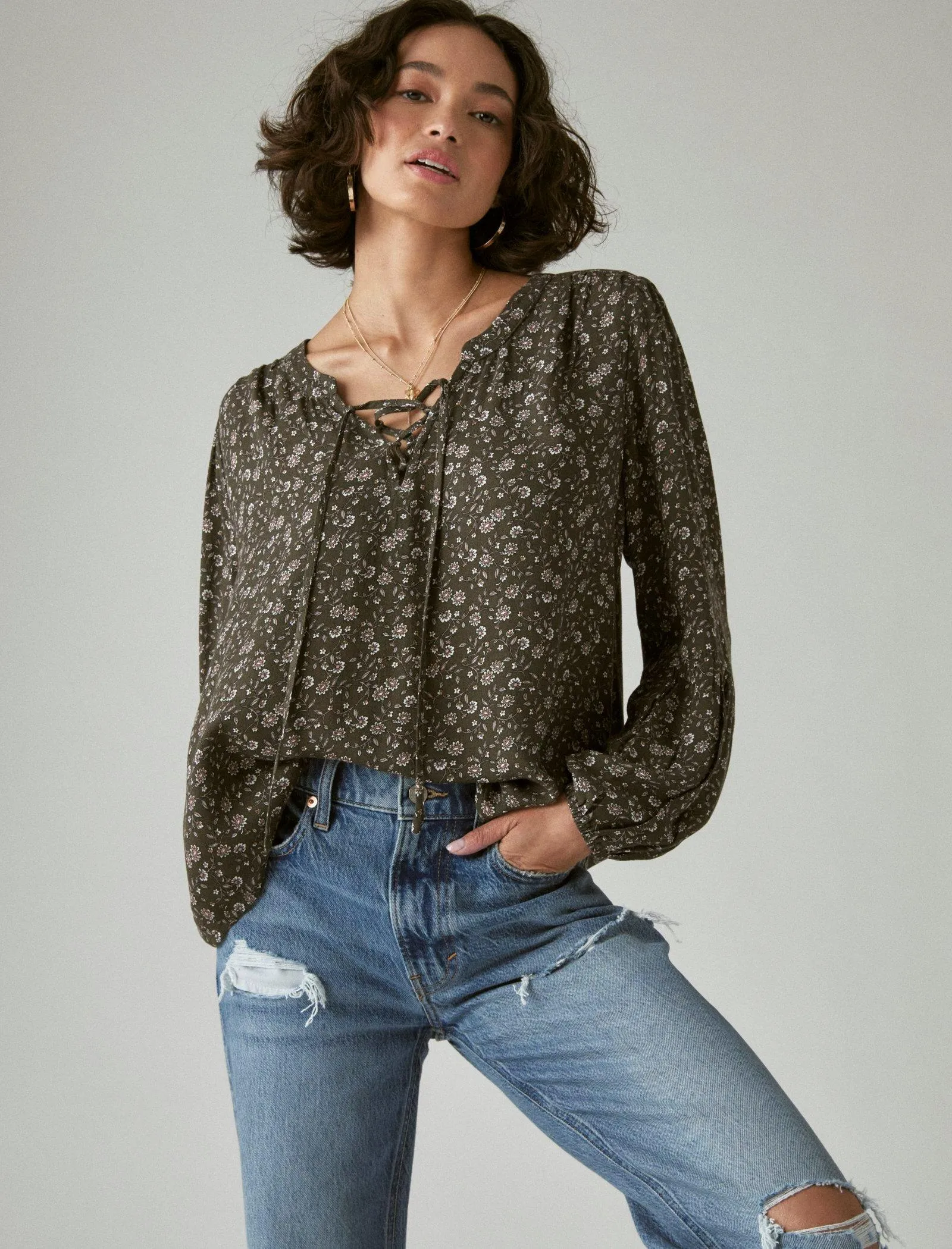 Lucky Brand Langarm-Bluse mit Druck und Schnürung Schwarz Multicolor Lucky Brand