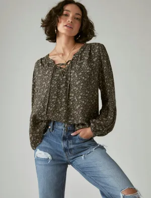 Lucky Brand Langarm-Bluse mit Druck und Schnürung Schwarz Multicolor Lucky Brand
