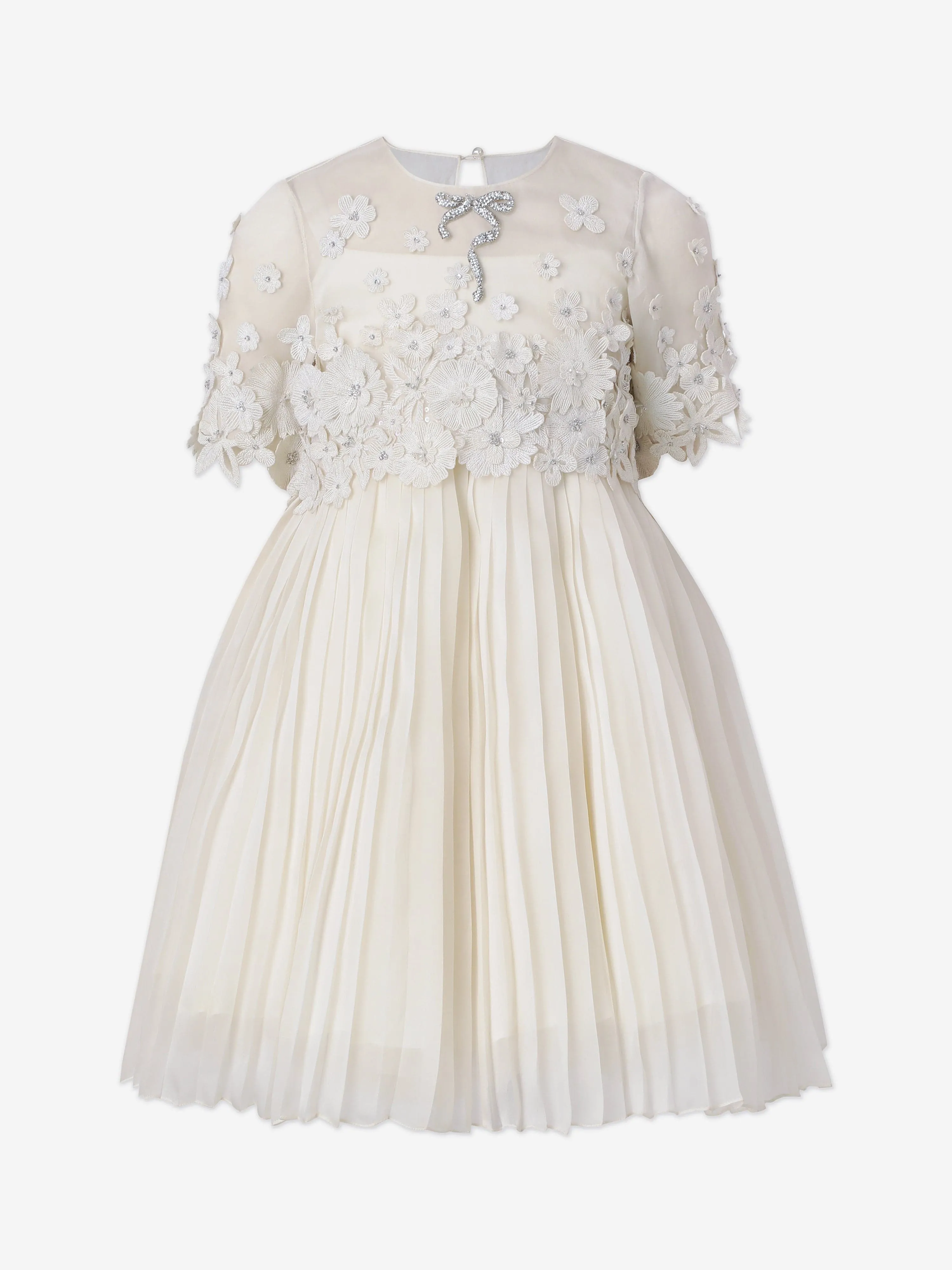 Maison Ava Mädchen Leonie Besticktes Plisseekleid in Elfenbein