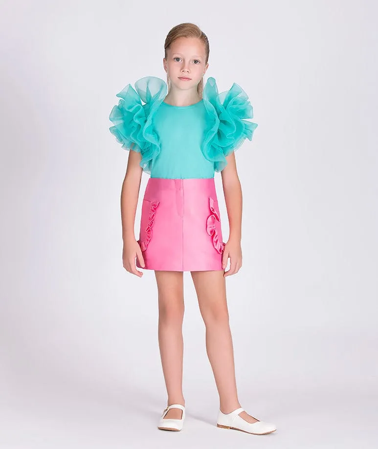 Mama Luma Girls Organza Schouder Bluse mit Schlag in Grün