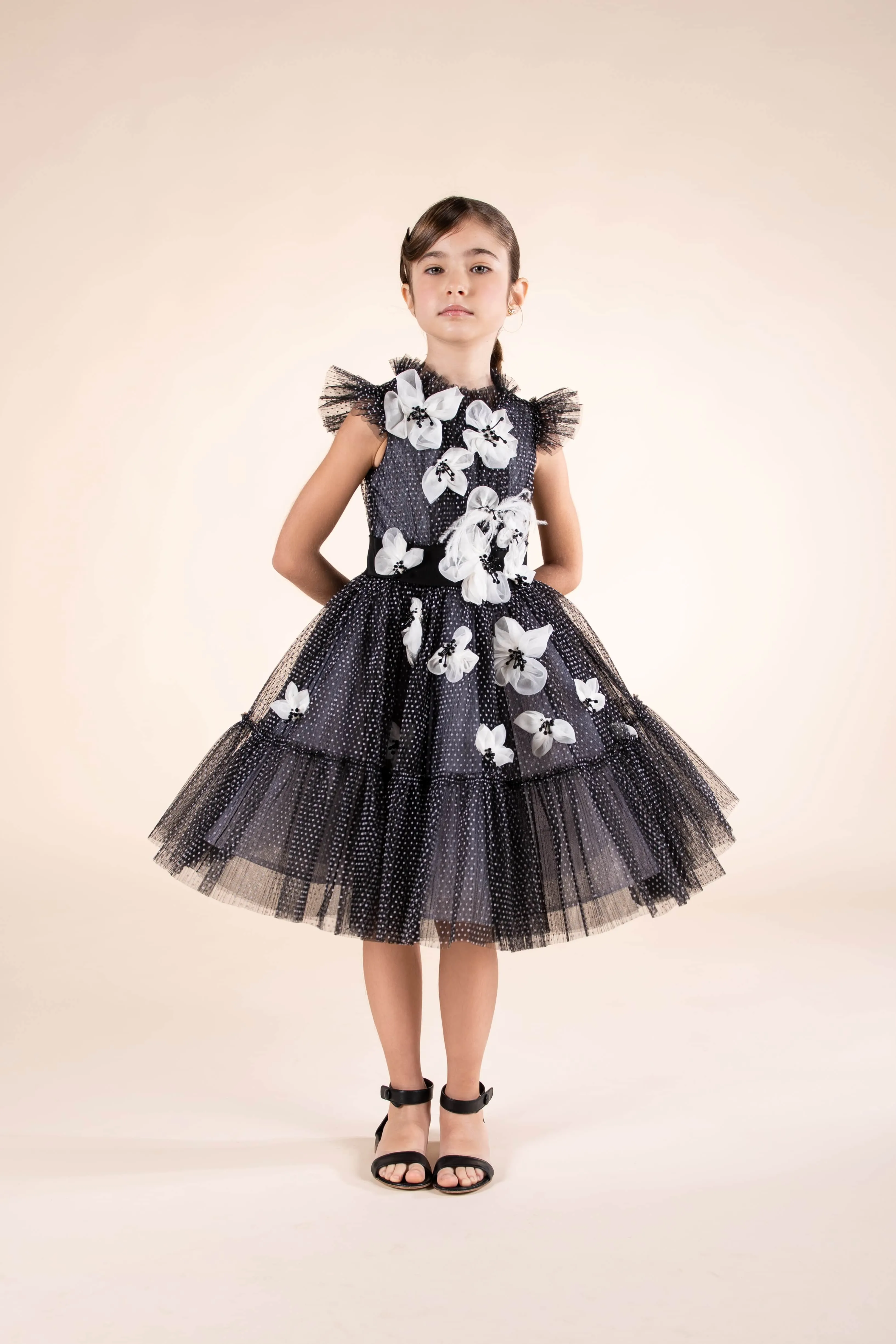 Marchesa Girls Blumenverziertes Tüllkleid in Schwarz