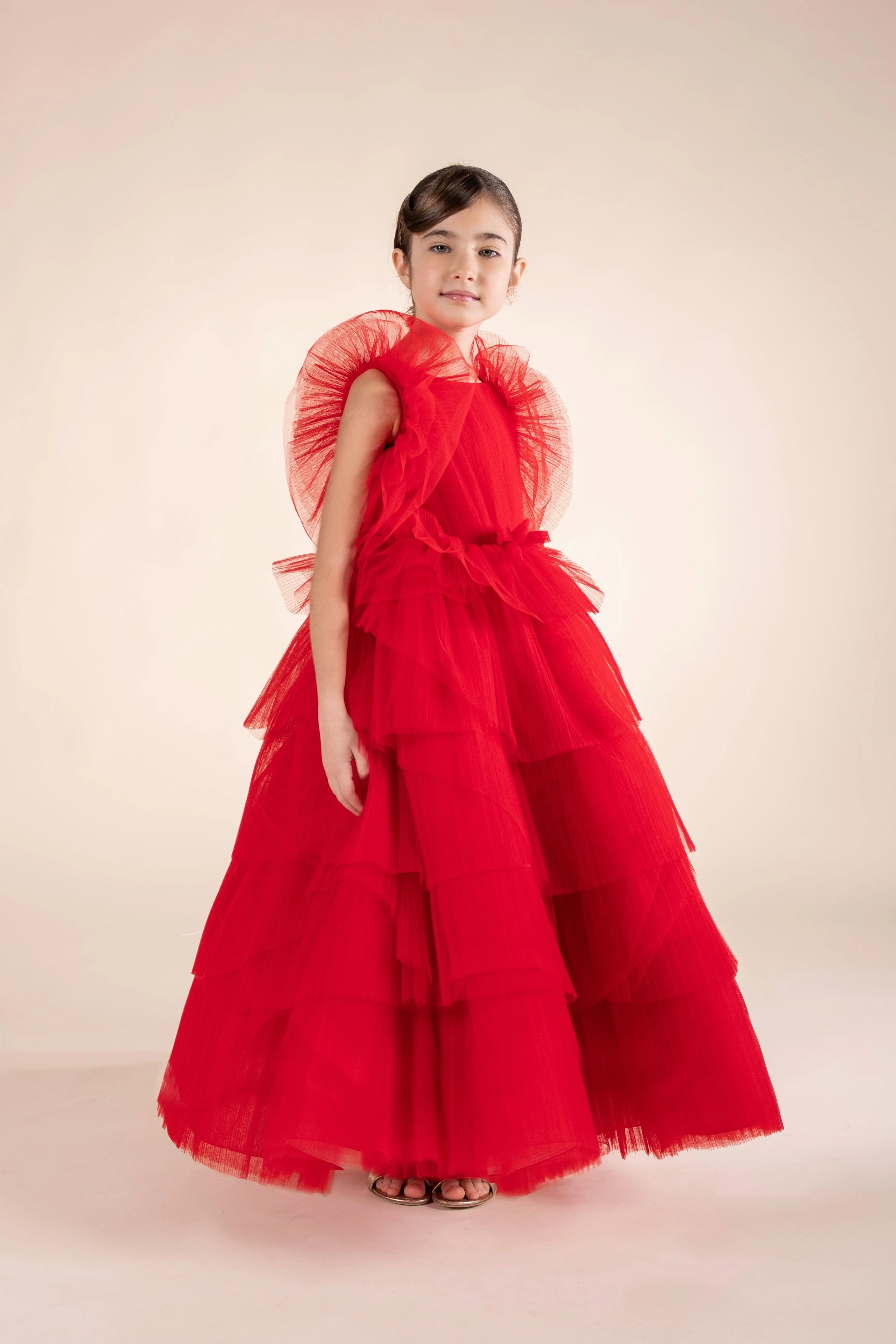 Marchesa Mädchen Plissiertes Tüll-Rüschenkleid in Rot