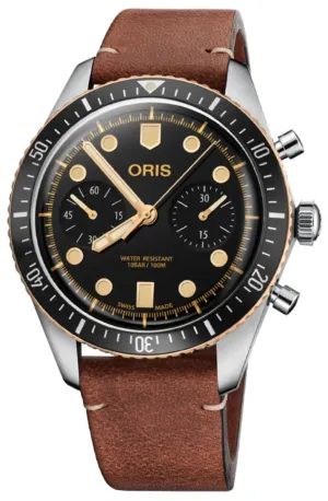 Oris Divers Sixty-Five Automatik-Chronograph Edelstahl Braun Lederarmband Schwarzes Zifferblatt Herrenuhr 771 7744 4354-LS Oris Uhren