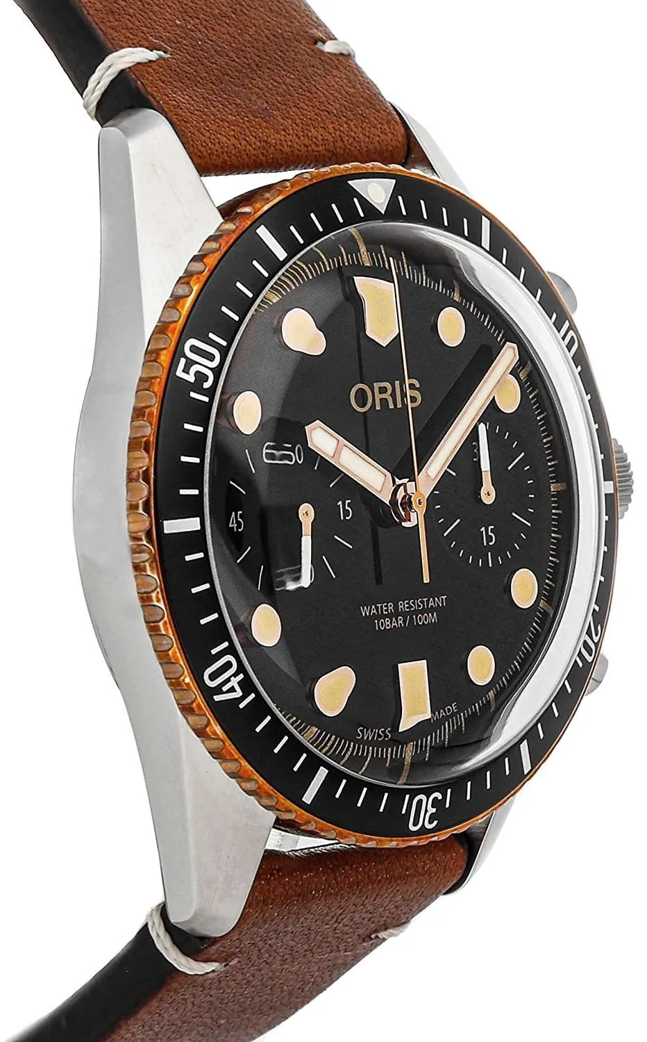 Oris Divers Sixty-Five Automatik-Chronograph Edelstahl Braun Lederarmband Schwarzes Zifferblatt Herrenuhr 771 7744 4354-LS Oris Uhren