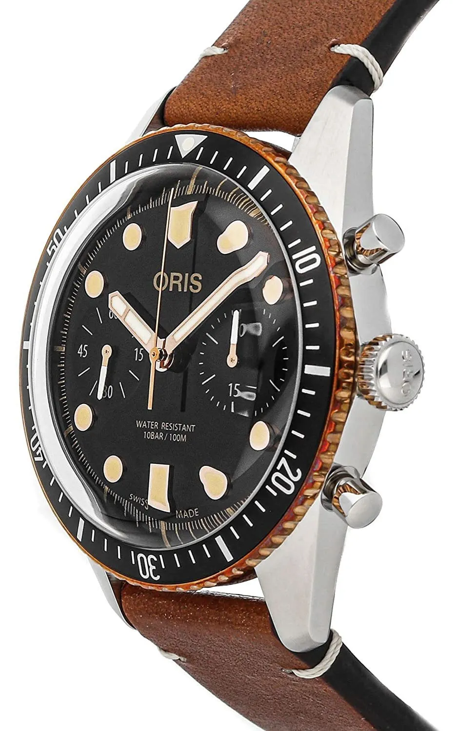 Oris Divers Sixty-Five Automatik-Chronograph Edelstahl Braun Lederarmband Schwarzes Zifferblatt Herrenuhr 771 7744 4354-LS Oris Uhren