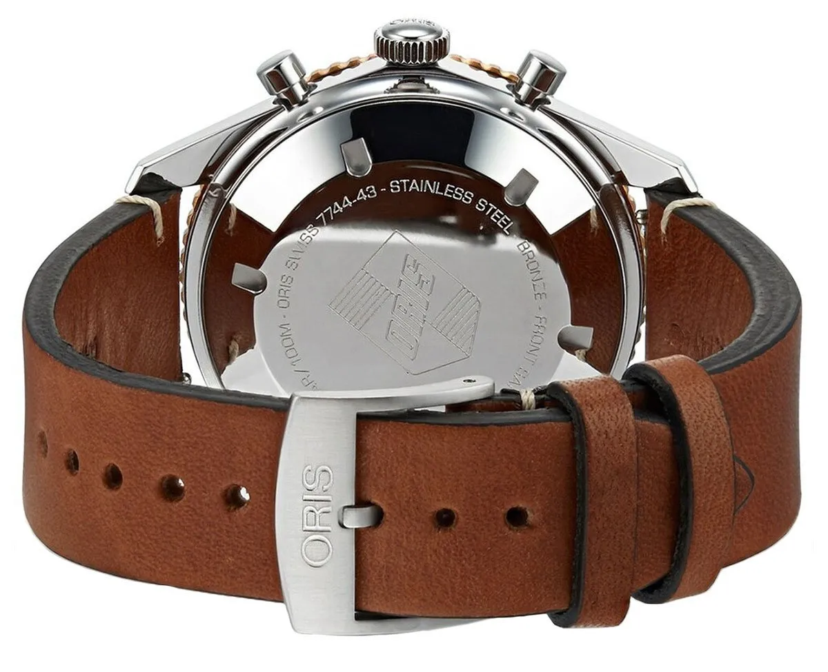 Oris Divers Sixty-Five Automatik-Chronograph Edelstahl Braun Lederarmband Schwarzes Zifferblatt Herrenuhr 771 7744 4354-LS Oris Uhren