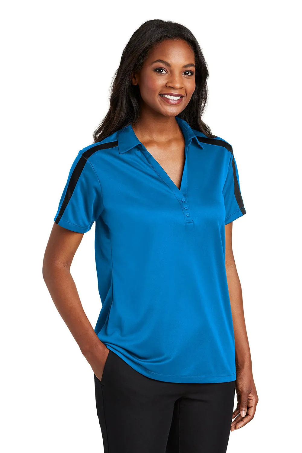 Port Authority Damen Polo-Shirt mit kurzen Ärmeln aus seidig-weicher Performance-Faser mit Feuchtigkeitstransport - Brilliant Blue/Schwarz