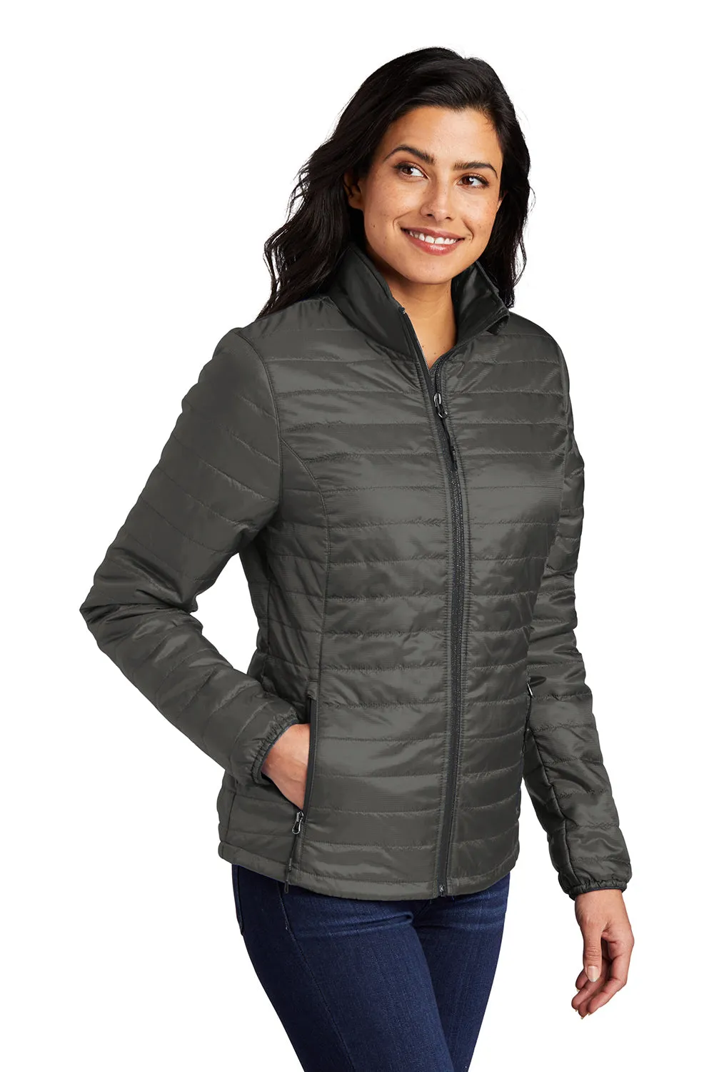Port Authority Damen wasserabweisende packbare Daunenjacke mit durchgehendem Reißverschluss - Sterling Grau/Grafit Grau