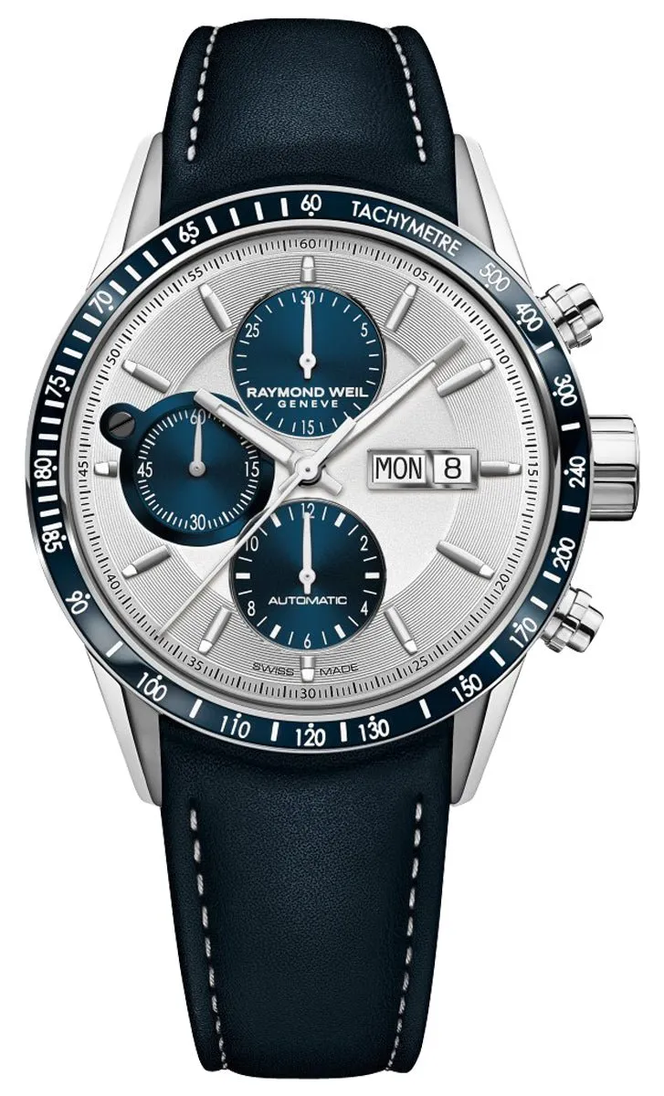 Raymond Weil Freelancer Automatik Chronograph Edelstahl Silber Zifferblatt Blau Lederarmband Tag/Datum Herrenuhr 7731-SC3-65521 Raymond Weil Uhren