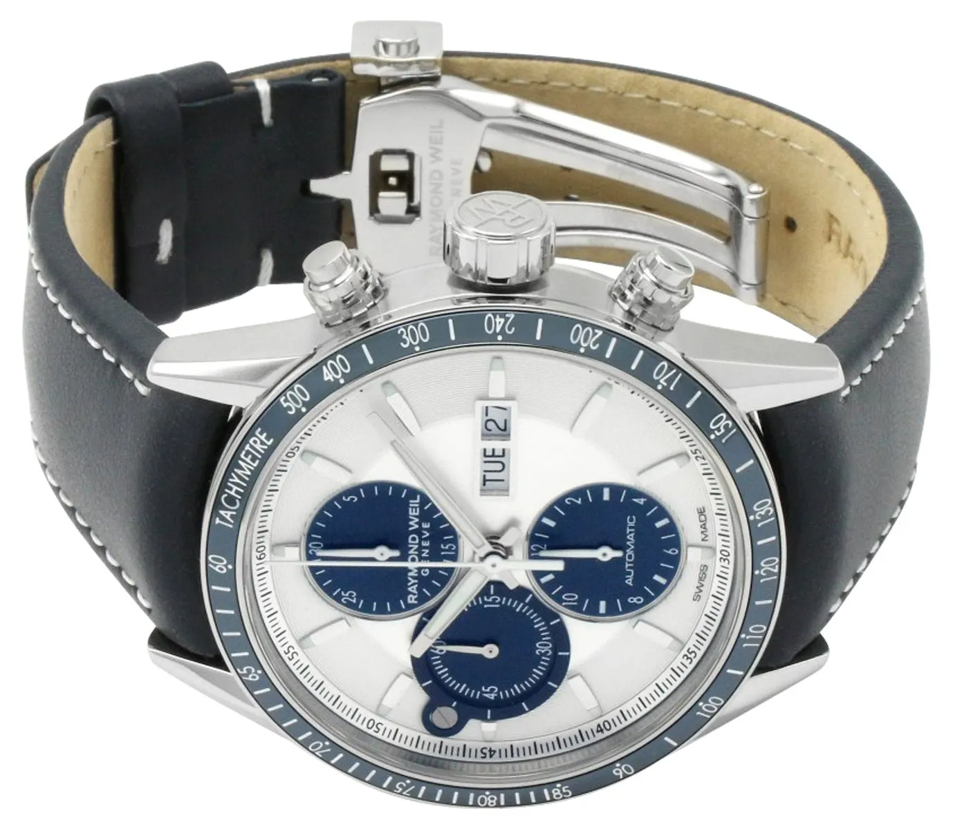 Raymond Weil Freelancer Automatik Chronograph Edelstahl Silber Zifferblatt Blau Lederarmband Tag/Datum Herrenuhr 7731-SC3-65521 Raymond Weil Uhren