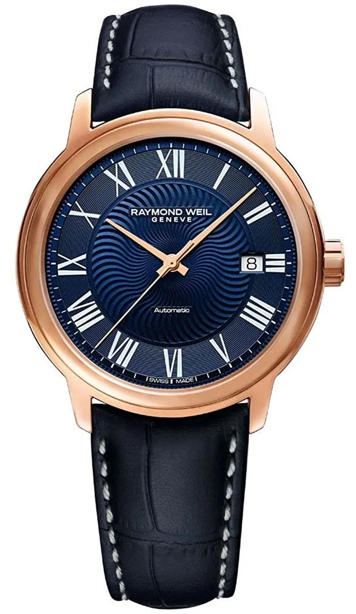 Raymond Weil Maestro Automatik Rose Gold PVD Blau Lederarmband Blaues Zifferblatt Datum Herrenuhr 2237-PC5-00508 Raymond Weil Uhren
