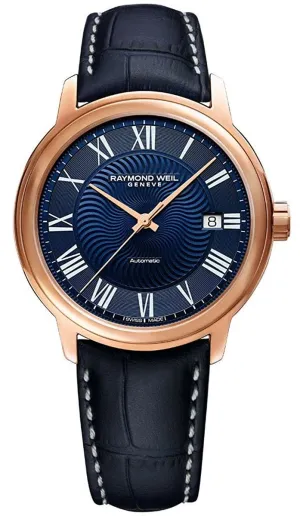 Raymond Weil Maestro Automatik Rose Gold PVD Blau Lederarmband Blaues Zifferblatt Datum Herrenuhr 2237-PC5-00508 Raymond Weil Uhren
