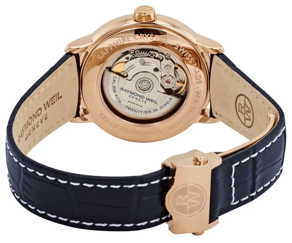 Raymond Weil Maestro Automatik Rose Gold PVD Blau Lederarmband Blaues Zifferblatt Datum Herrenuhr 2237-PC5-00508 Raymond Weil Uhren
