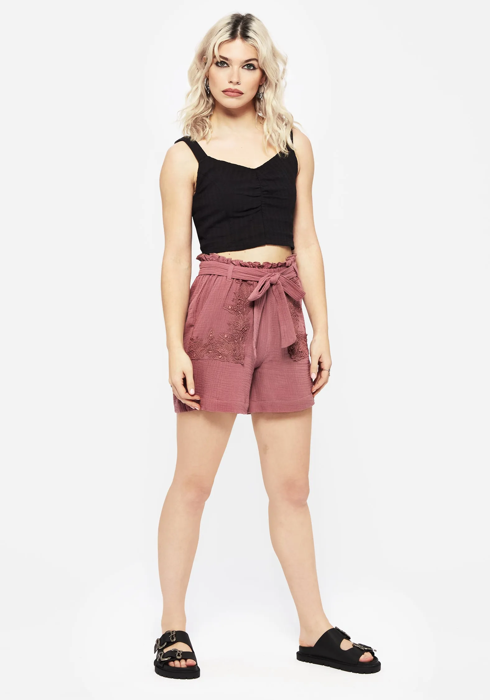 Rosamoth Applikationen-Besatz Baumwoll-Shorts mit Bindegürtel