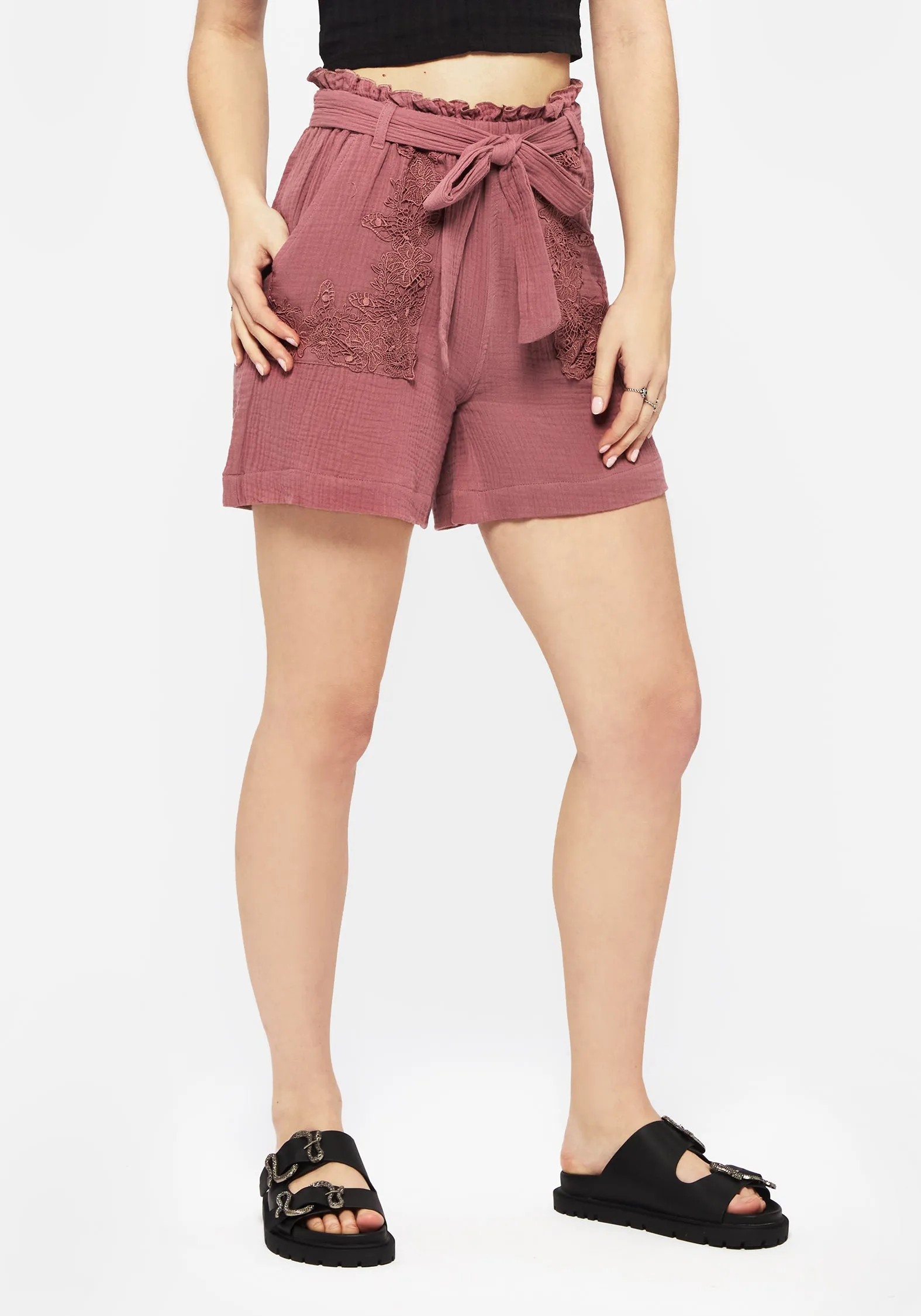 Rosamoth Applikationen-Besatz Baumwoll-Shorts mit Bindegürtel
