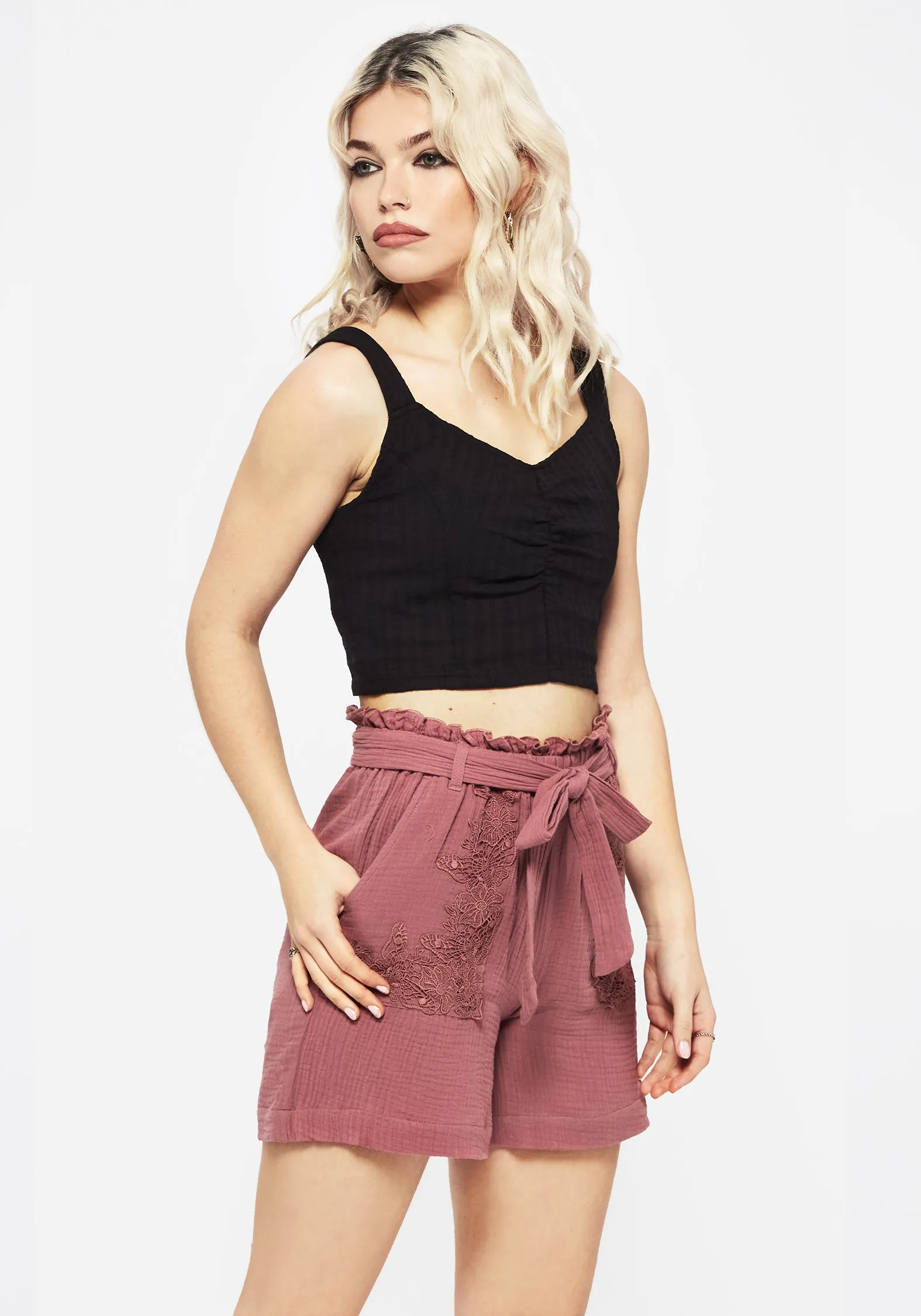 Rosamoth Applikationen-Besatz Baumwoll-Shorts mit Bindegürtel