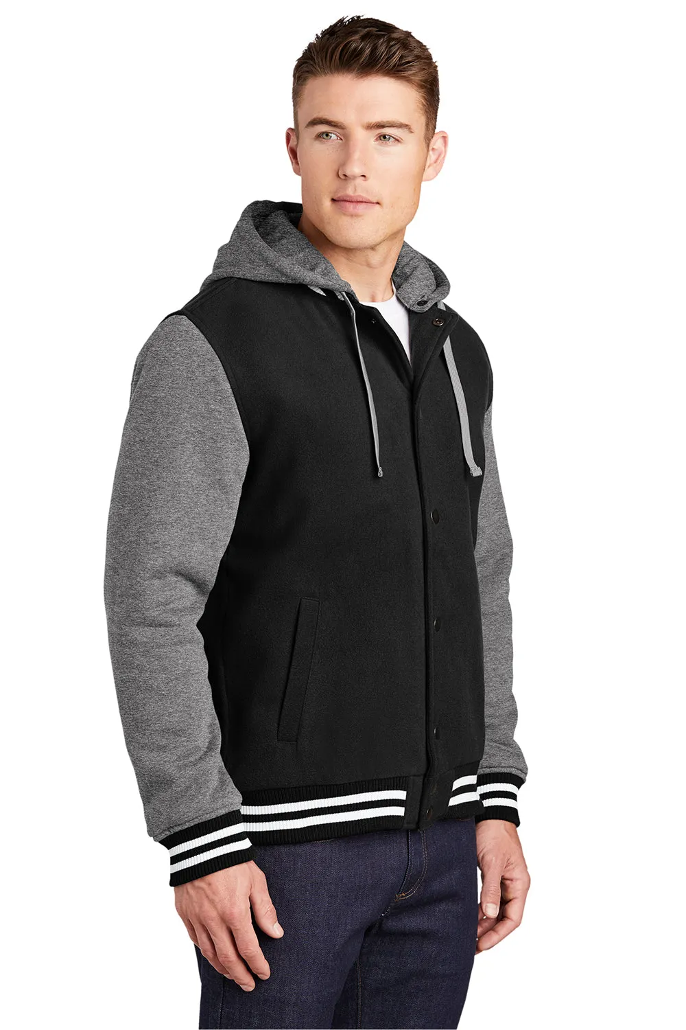 Sport-Tek Herren-Snapdown-Hooded-Letterman-Jacke - Schwarz/Vintage-Heathergrau/Weiß
