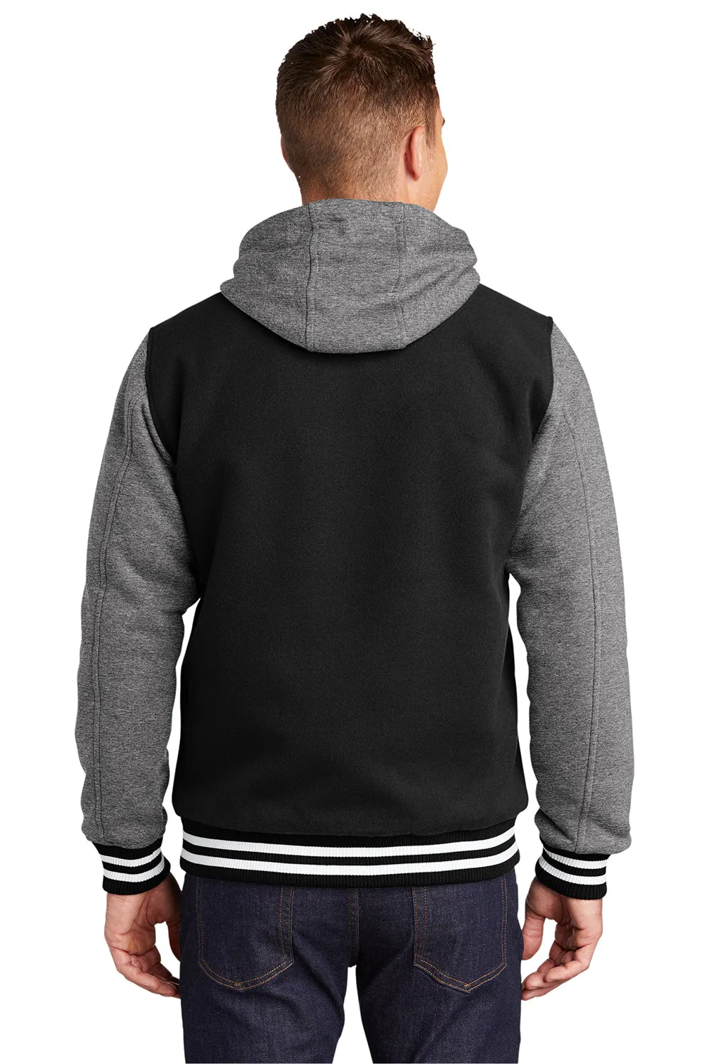Sport-Tek Herren-Snapdown-Hooded-Letterman-Jacke - Schwarz/Vintage-Heathergrau/Weiß
