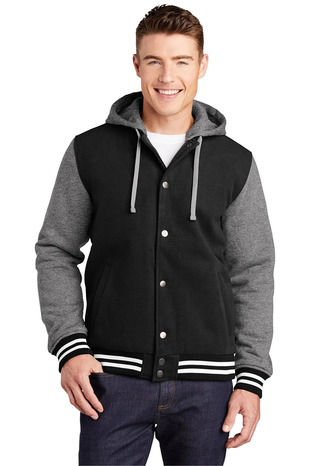 Sport-Tek Herren-Snapdown-Hooded-Letterman-Jacke - Schwarz/Vintage-Heathergrau/Weiß