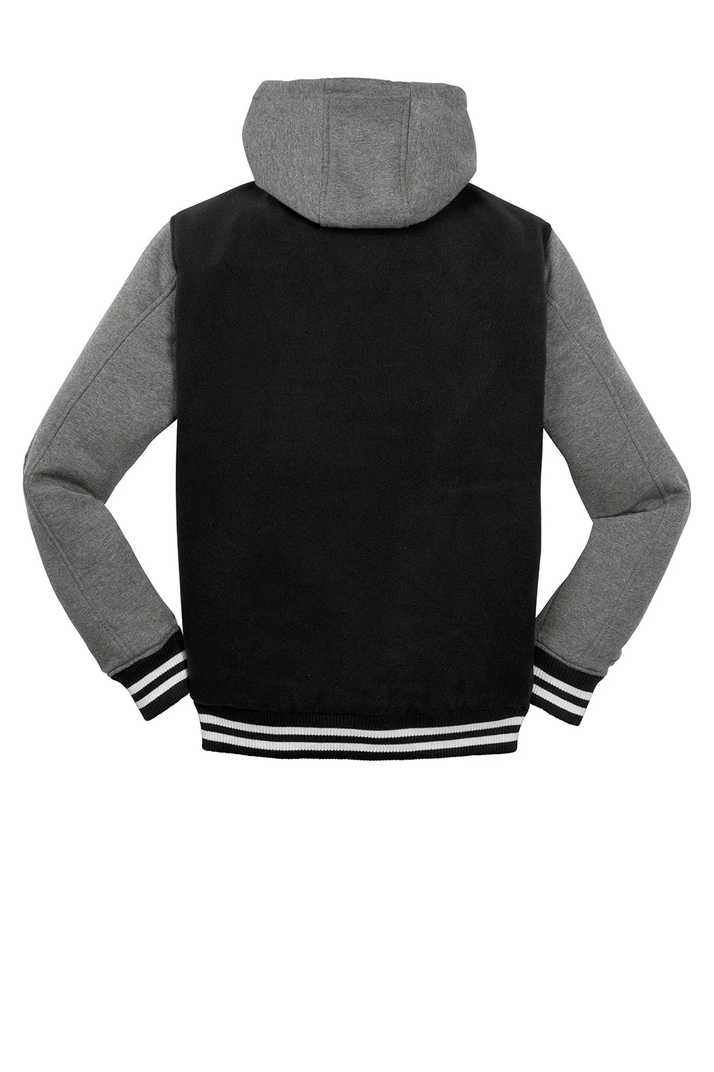 Sport-Tek Herren-Snapdown-Hooded-Letterman-Jacke - Schwarz/Vintage-Heathergrau/Weiß