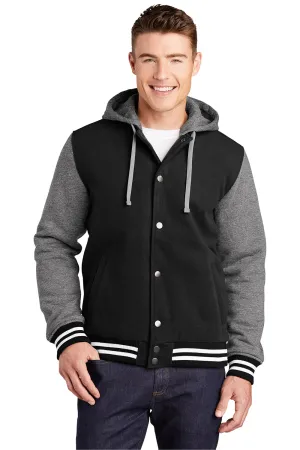Sport-Tek Herren-Snapdown-Hooded-Letterman-Jacke - Schwarz/Vintage-Heathergrau/Weiß
