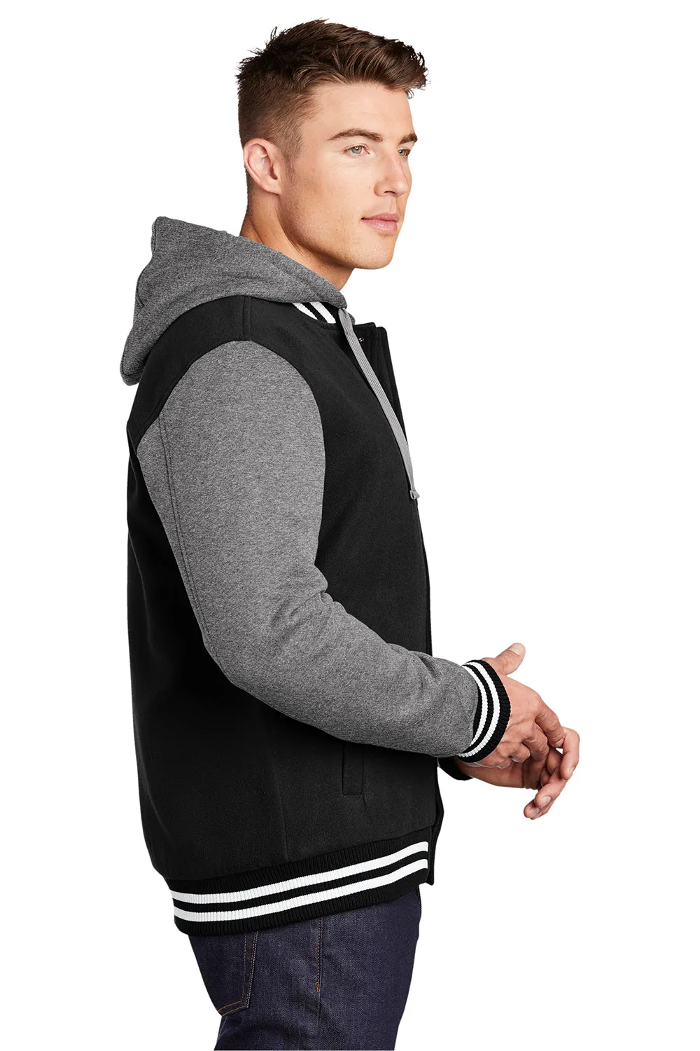 Sport-Tek Herren-Snapdown-Hooded-Letterman-Jacke - Schwarz/Vintage-Heathergrau/Weiß
