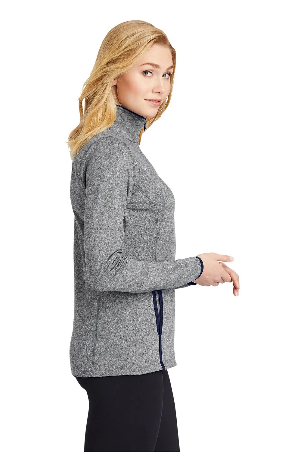 Sport-Tek Damen Sport-Wick Feuchtigkeitstransportierende Reißverschlussjacke - Heather Charcoal Grey/Echt Marineblau