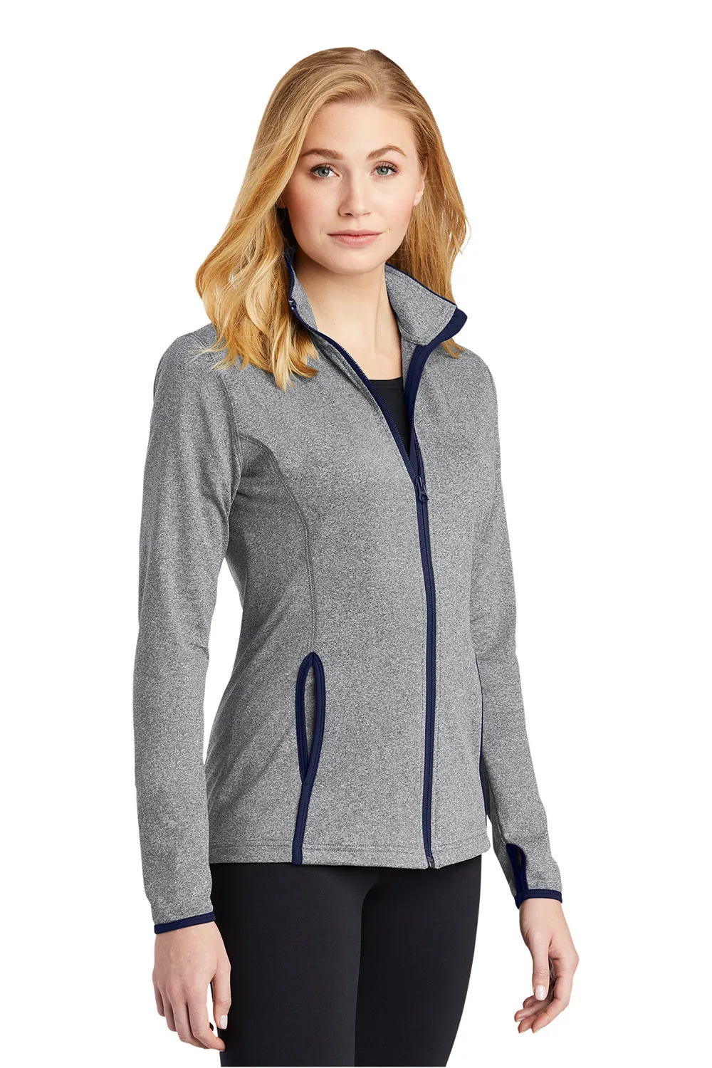 Sport-Tek Damen Sport-Wick Feuchtigkeitstransportierende Reißverschlussjacke - Heather Charcoal Grey/Echt Marineblau