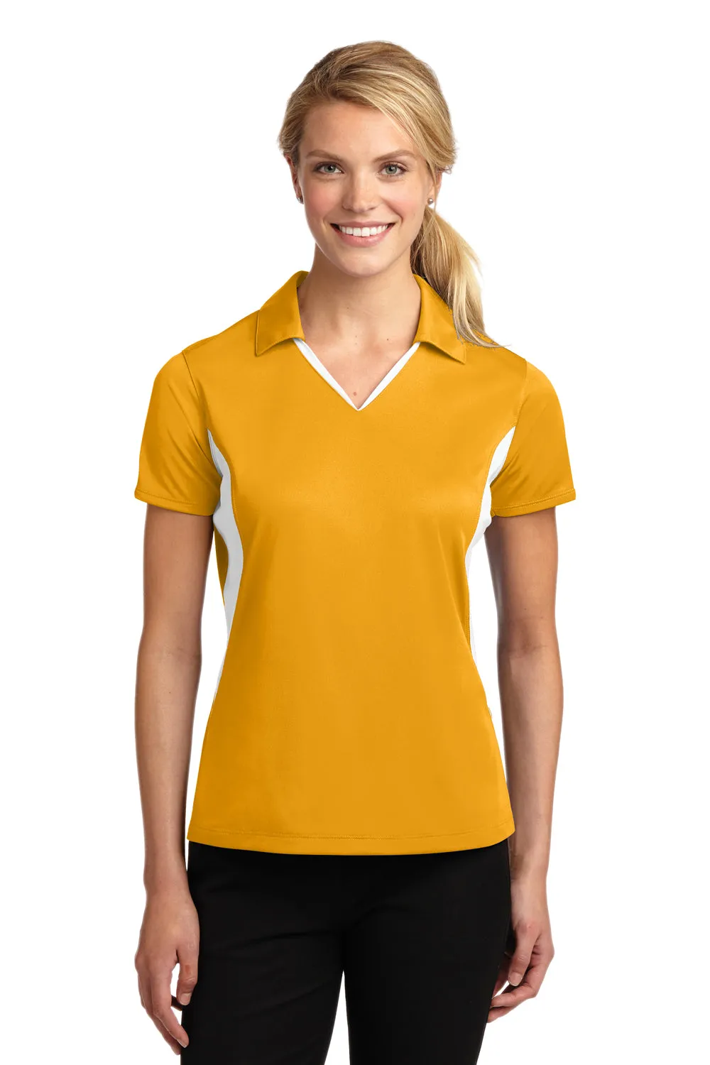 Sport-Tek Damen Sport-Wick Feuchtigkeitstransport Polo-Shirt mit kurzen Ärmeln - Gold/Weiß - Auslaufmodell