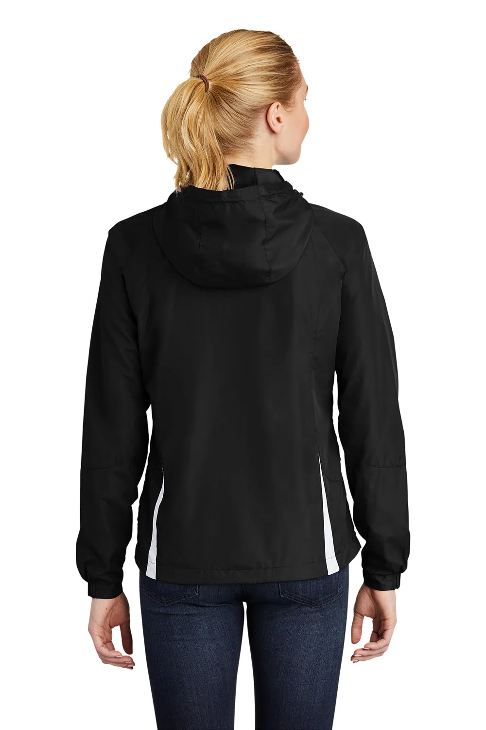 Sport-Tek Damen wasserabweisende Kapuzenjacke mit durchgehendem Reißverschluss - Schwarz/Weiß