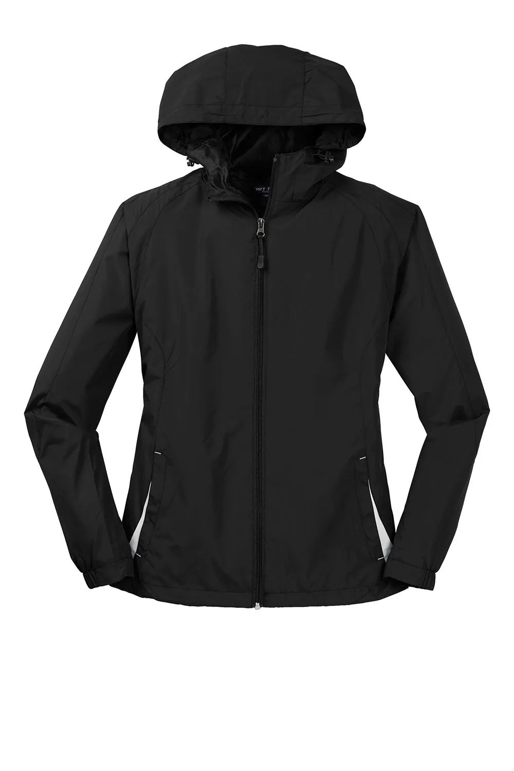 Sport-Tek Damen wasserabweisende Kapuzenjacke mit durchgehendem Reißverschluss - Schwarz/Weiß