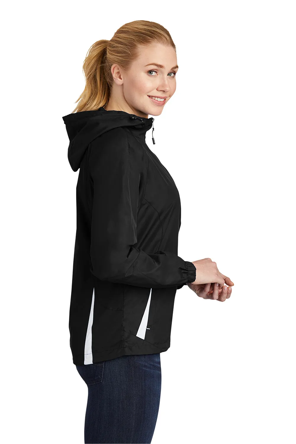 Sport-Tek Damen wasserabweisende Kapuzenjacke mit durchgehendem Reißverschluss - Schwarz/Weiß