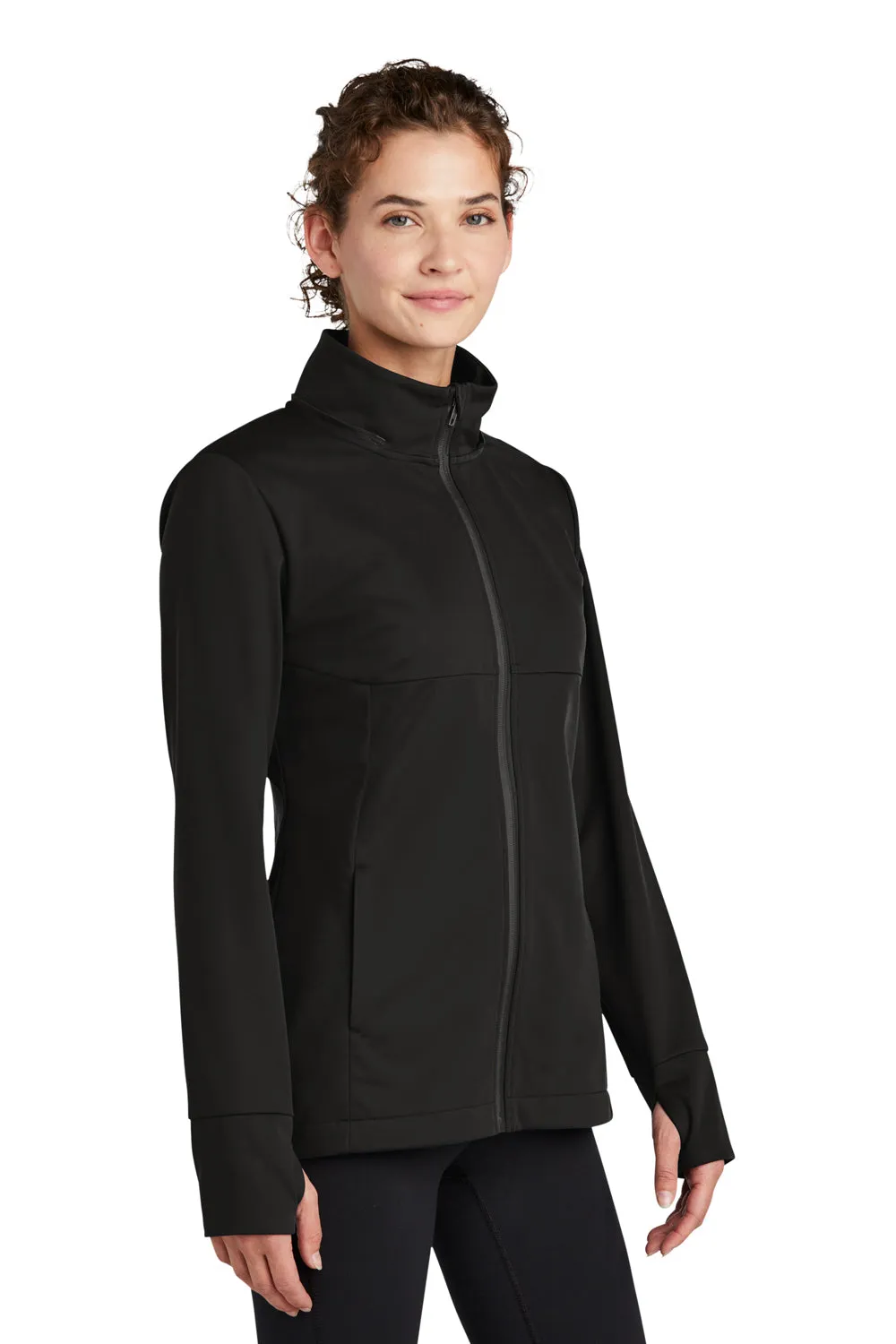 Sport-Tek Damen Wind- & wasserdichte Softshell-Jacke mit Kapuze und Reißverschluss - Tiefschwarz