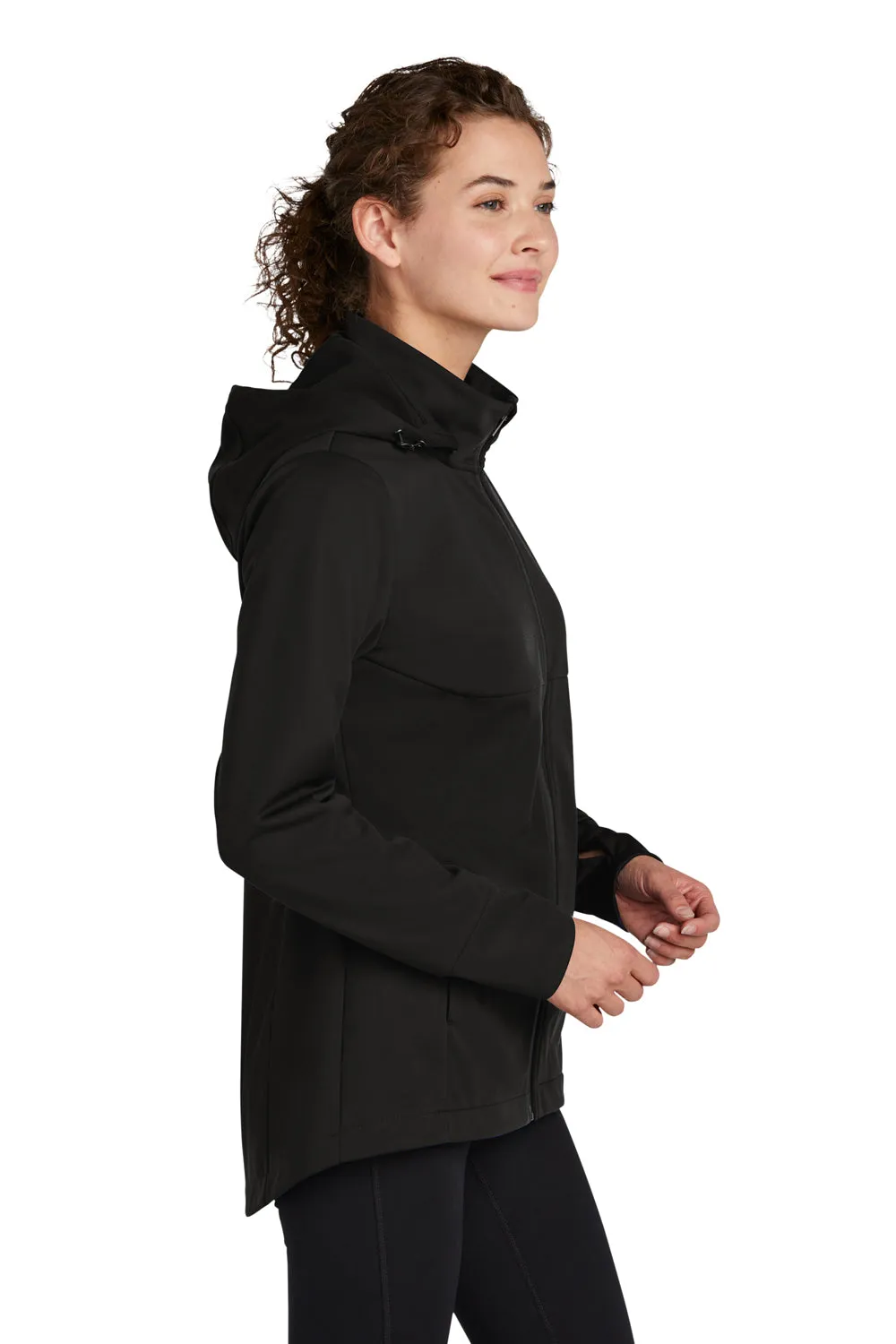 Sport-Tek Damen Wind- & wasserdichte Softshell-Jacke mit Kapuze und Reißverschluss - Tiefschwarz