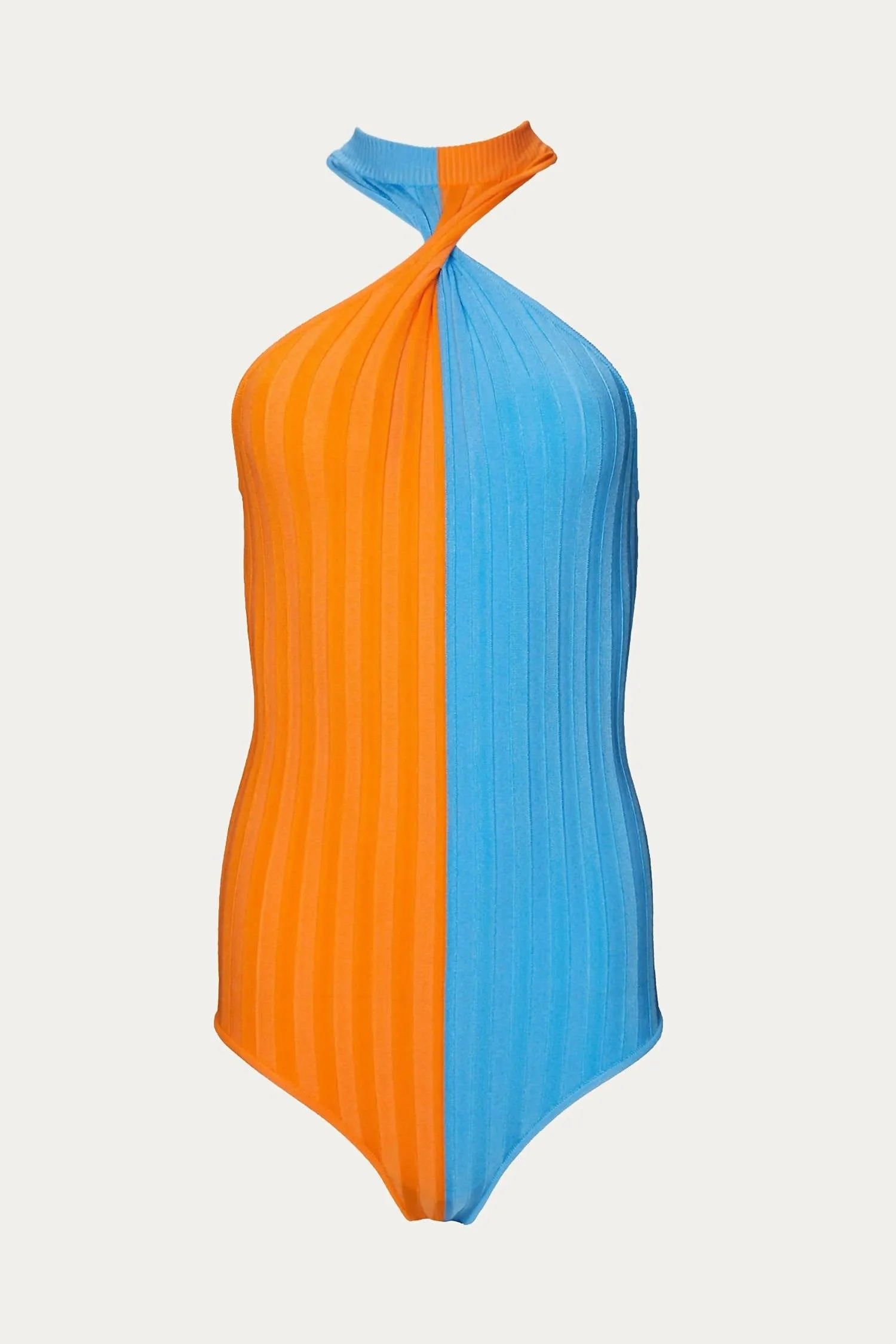 Zweifarbiger Halterneck-Bodysuit in Orange/Blau