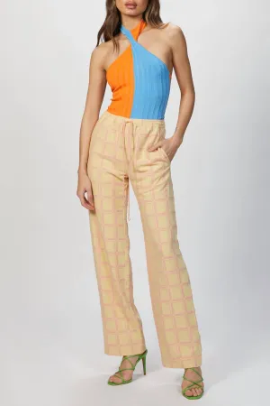 Zweifarbiger Halterneck-Bodysuit in Orange/Blau