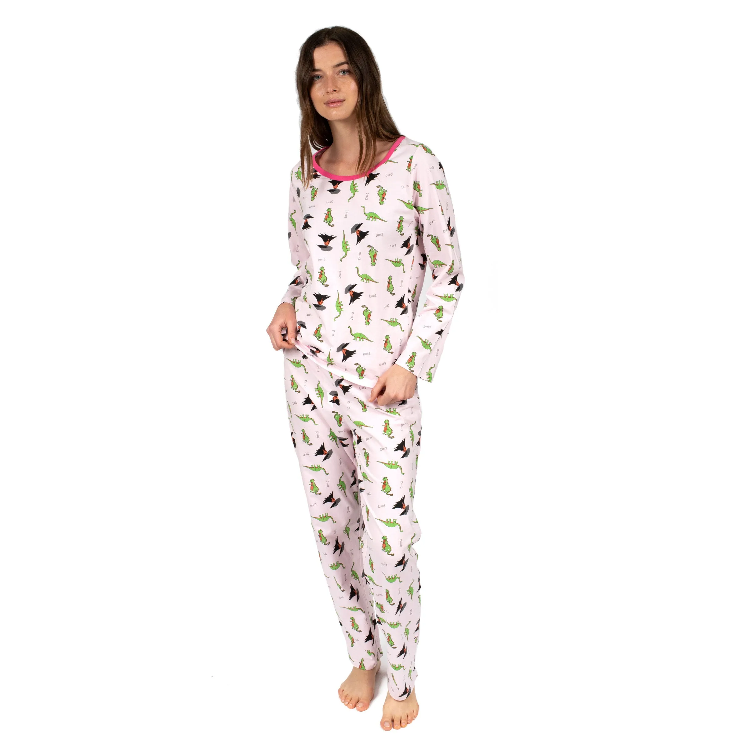 Damen-Zweiteiler aus Baumwolle, locker sitzender Schlafanzug, Dinosaurier-Pink