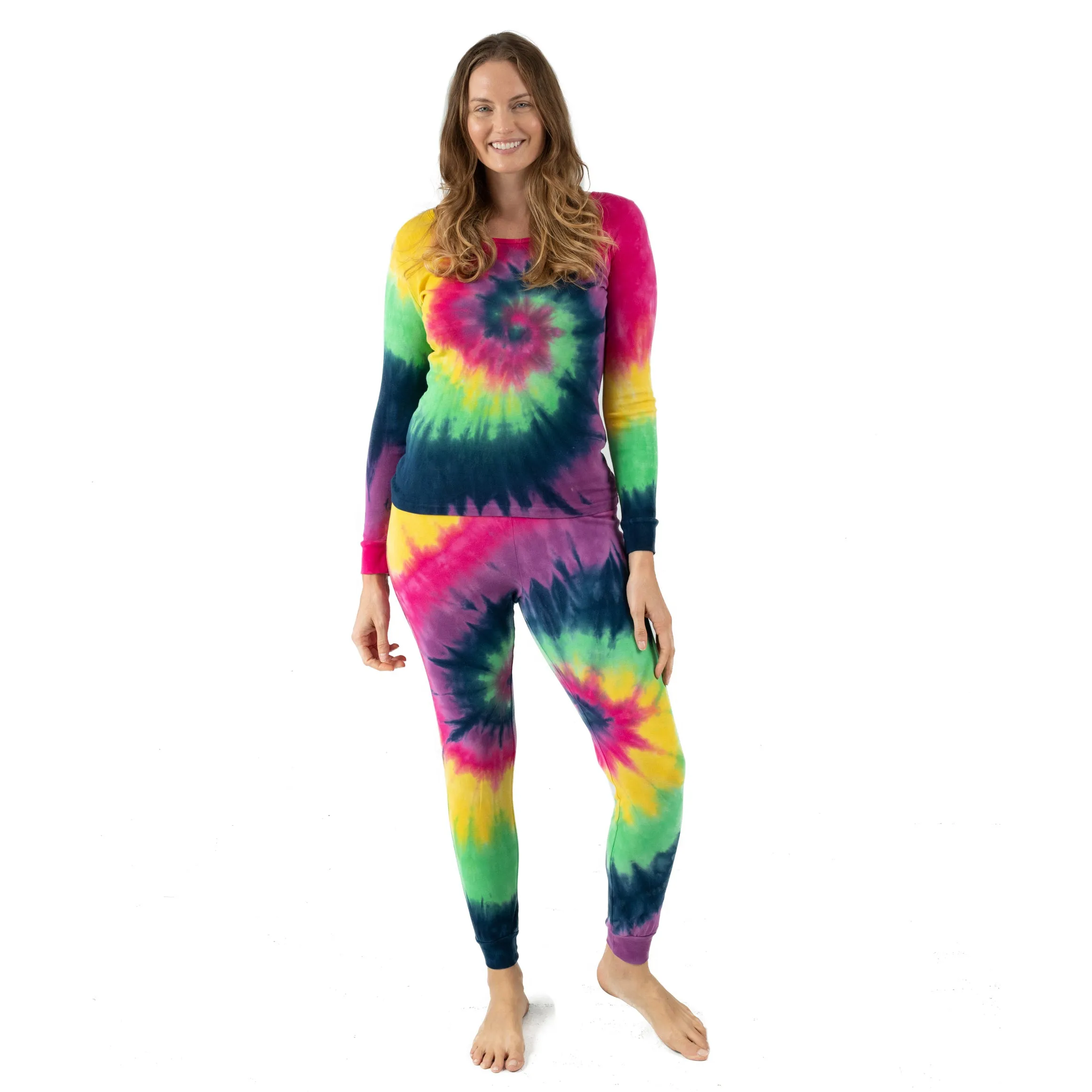 Damen-Zweiteiler Baumwoll-Pyjamas im Tie-Dye-Look